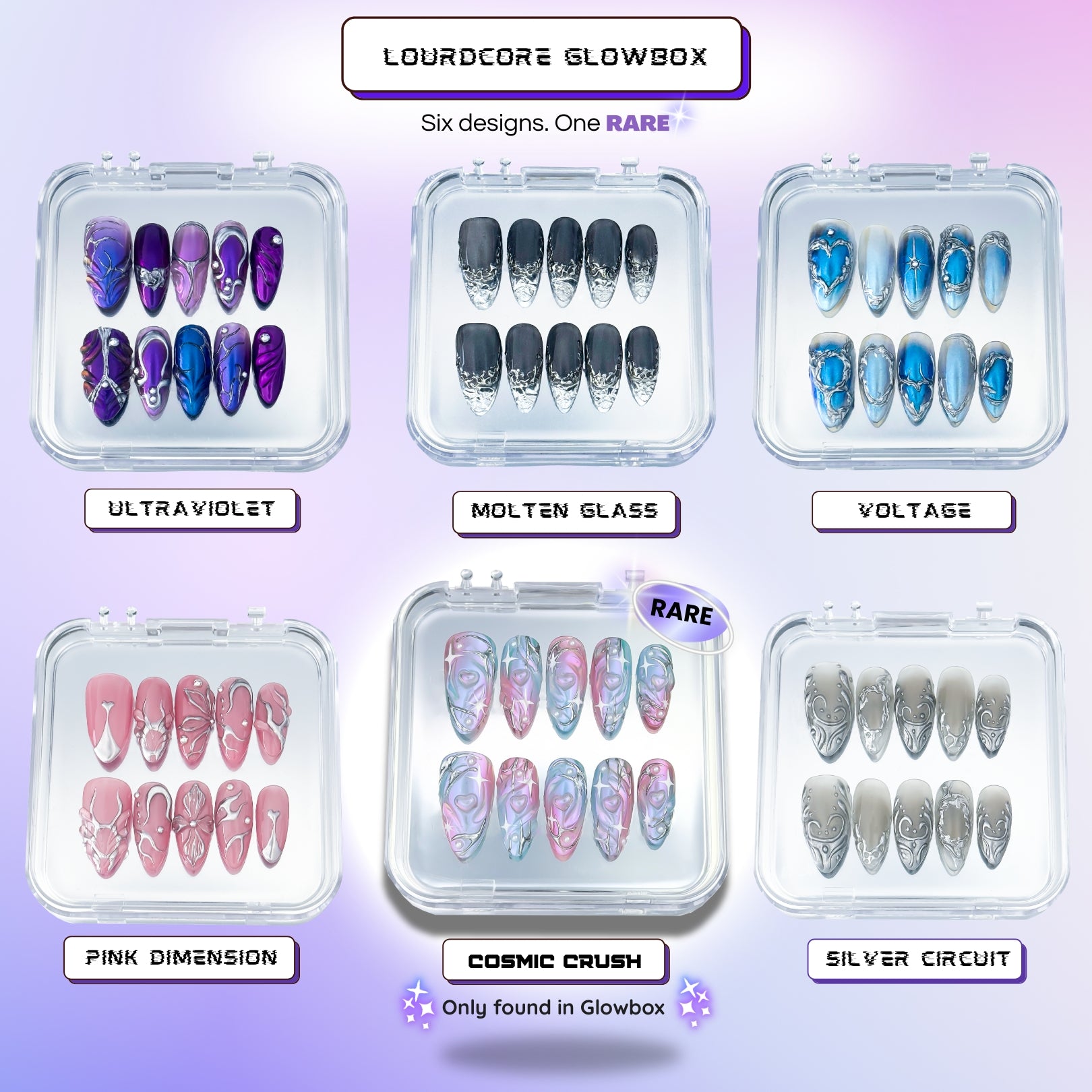 Lunoxcore Loudcore Glowbox — pink press-on nails box on a neon-lit stage with lightning keychain, representing the bold and edgy Loudcore collection