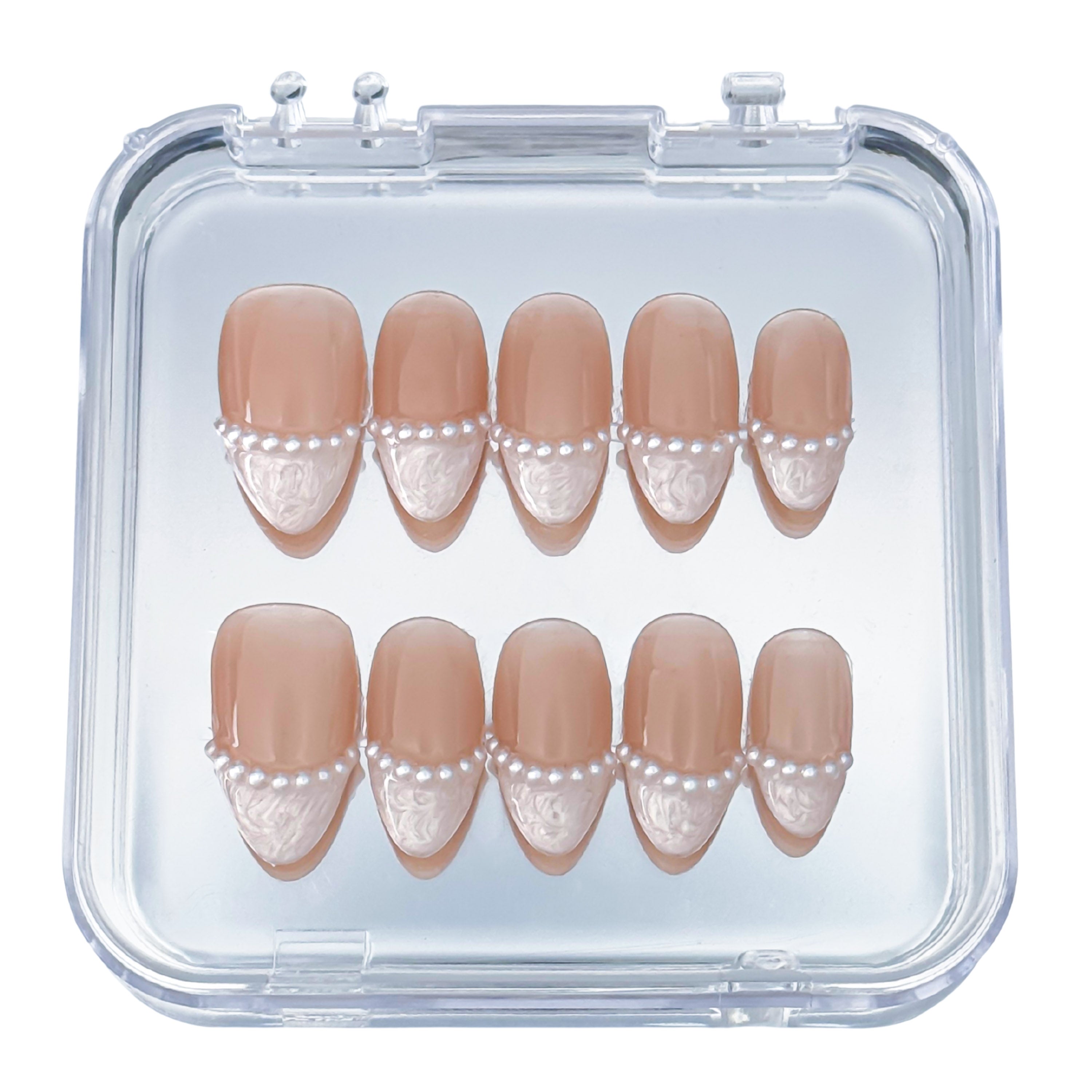 Lunoxcore Pearl Veil press-on nails — nude and pearl-toned design with sculpted tips and a string of delicate 3D pearls from the Whispered Shine Glowbox collection.