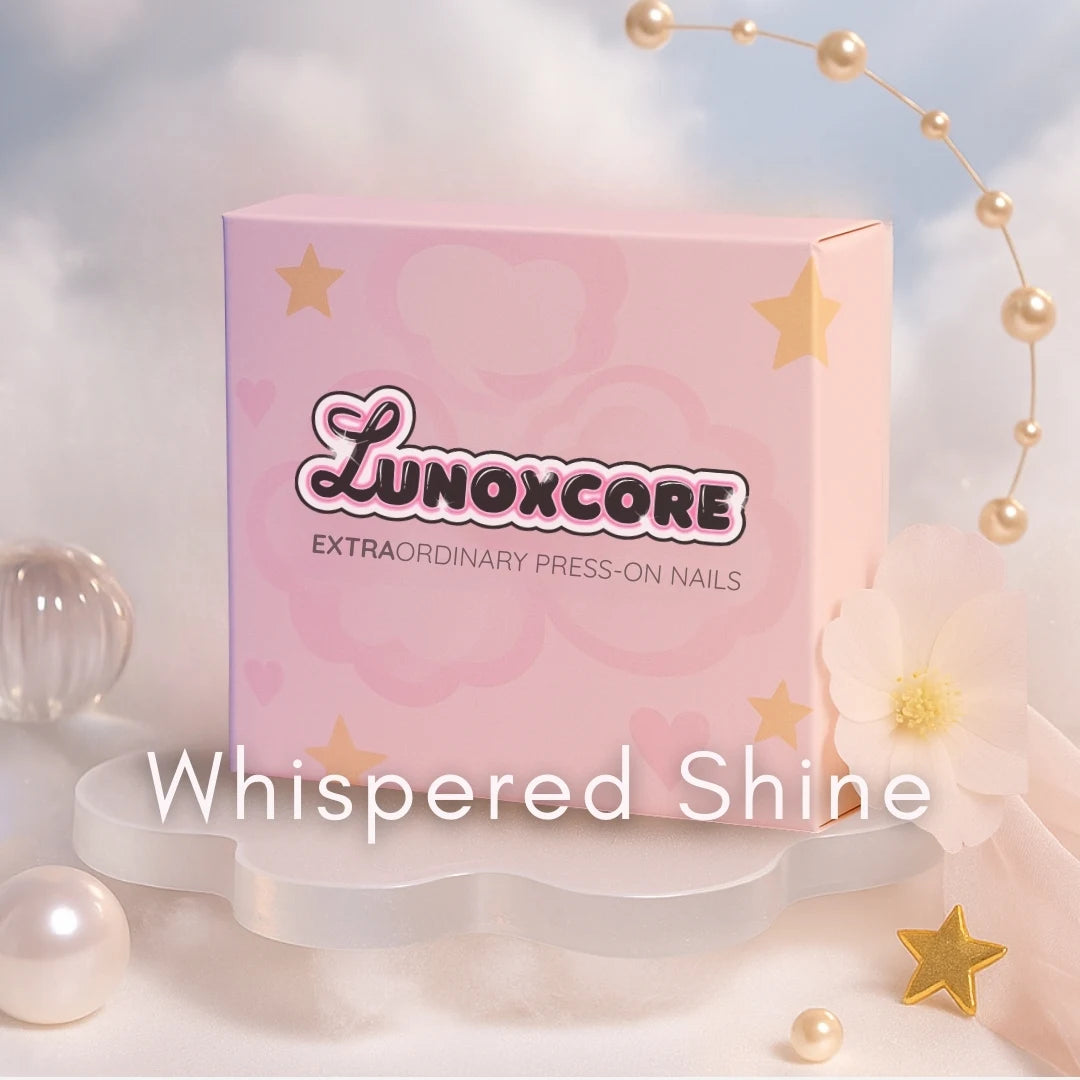 Lunoxcore Whispered Shine Glowbox — luxury mystery press-on nails box offering special pricing and rare exclusive designs.