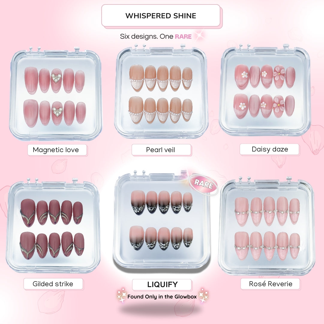 Lunoxcore Whispered Shine Glowbox — luxury mystery press-on nails box offering special pricing and rare exclusive designs.