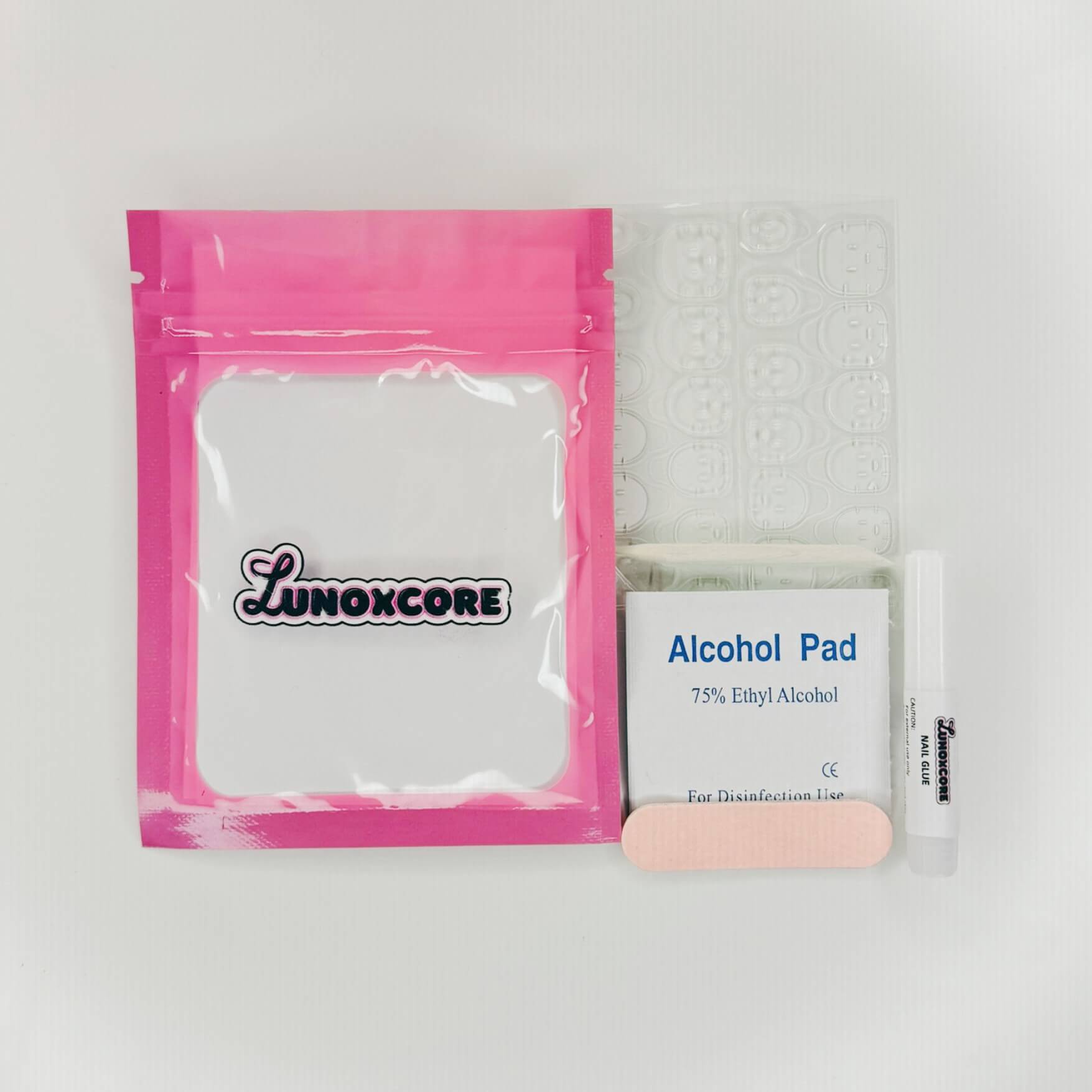 Lunoxcore Daily Delight Nail Prep Kit, including nail glue, sticky tabs, nail file, and alcohol wipe, provided with the Daily Delight nail set.