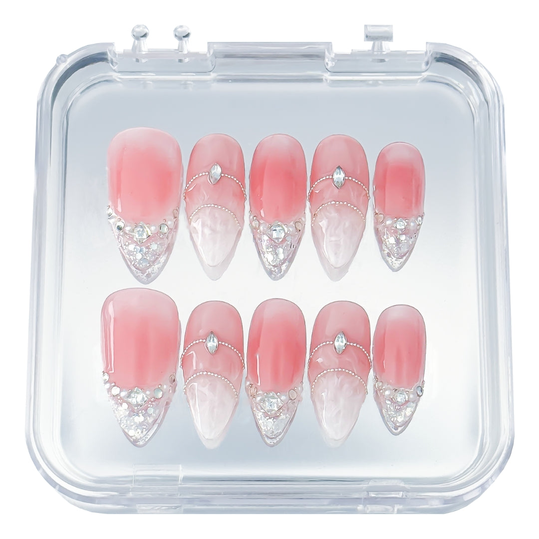 Dainty Drip press-on nails by Lunoxcore — soft blush pink base with crystal-clear tips, silver gem accents, and dainty shimmer for a refined, radiant look.