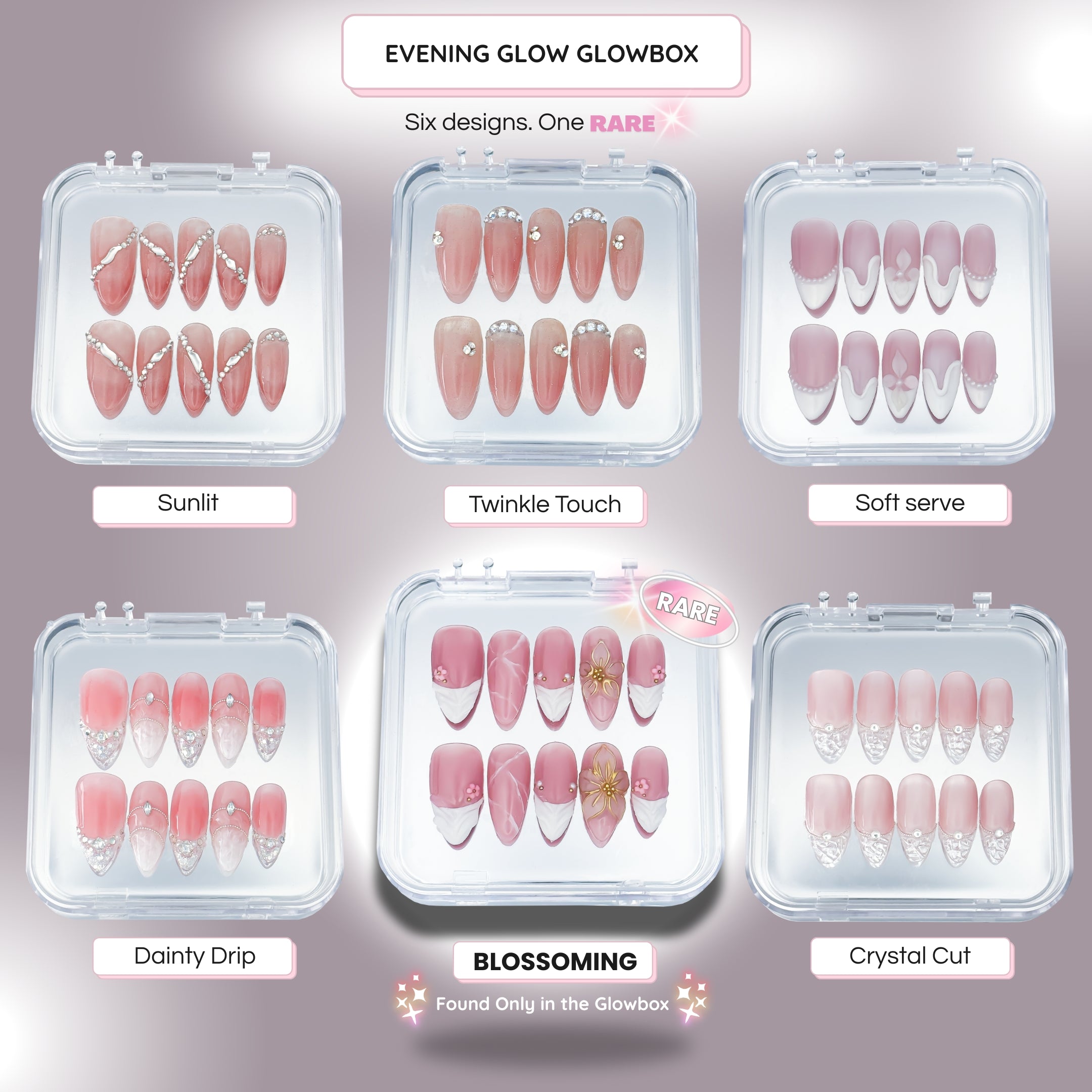 Lunoxcore Evening Glow Glowbox — pink press-on nails box with soft golden lighting and elegant decor, representing the romantic and radiant Evening Glow collection.
