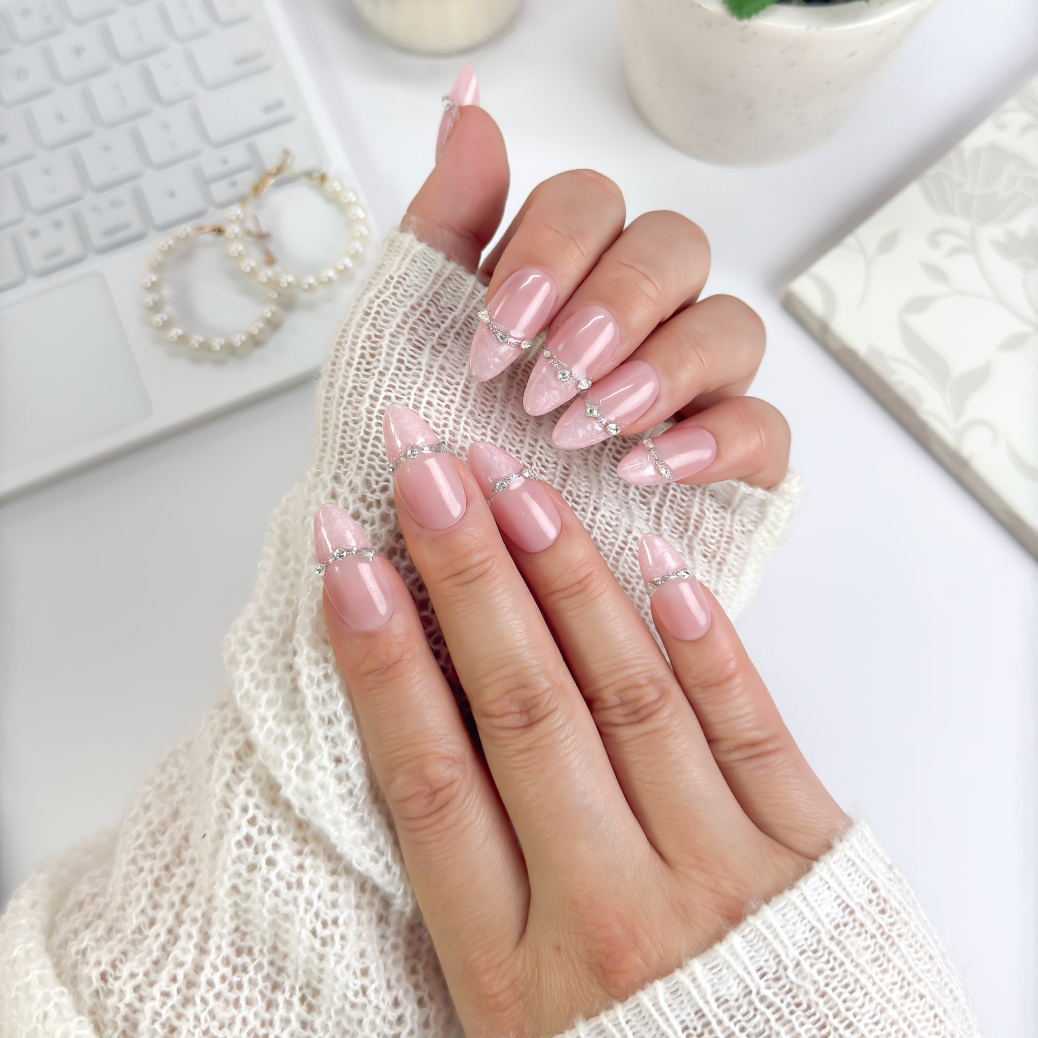 Full set of Rose Reverie nails by Lunoxcore — blush pink tones with lace-inspired tips and silver gem accents for a graceful, feminine glow.